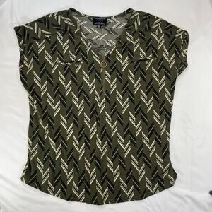 Flower & Feather 2XL Olive Green Chevron Zip Neck Dolman Blouse Women's